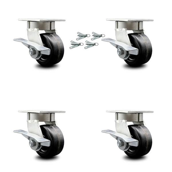 4 Inch Kingpinless Phenolic Wheel Swivel Caster Set with Brakes and Swivel Locks
